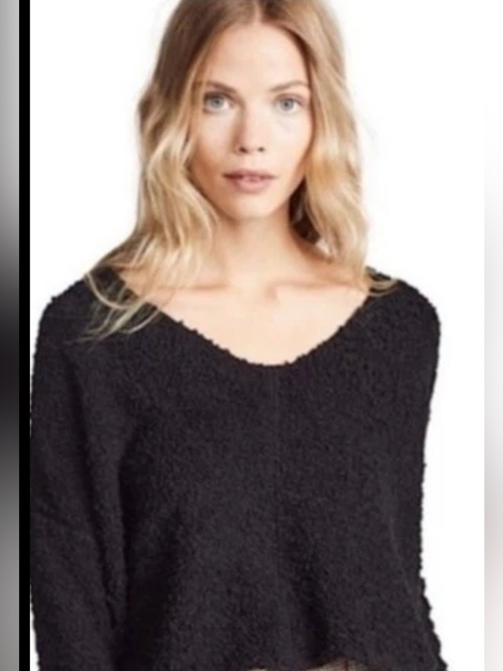 Free People Black V-Neck Fuzzy Knit Sweater Size XS